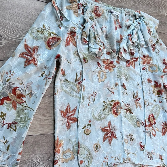 Zara Jacquard Printed Long Sleeve Ruffled Top - Picture 10 of 14